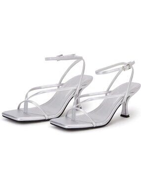 Women's Silver Leather Lace Up Square Flip Flop High Heels Strappy Sandals